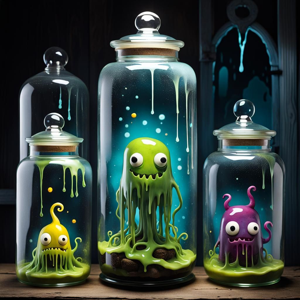 Cute Slime Monsters in Jars: Fantasy Art