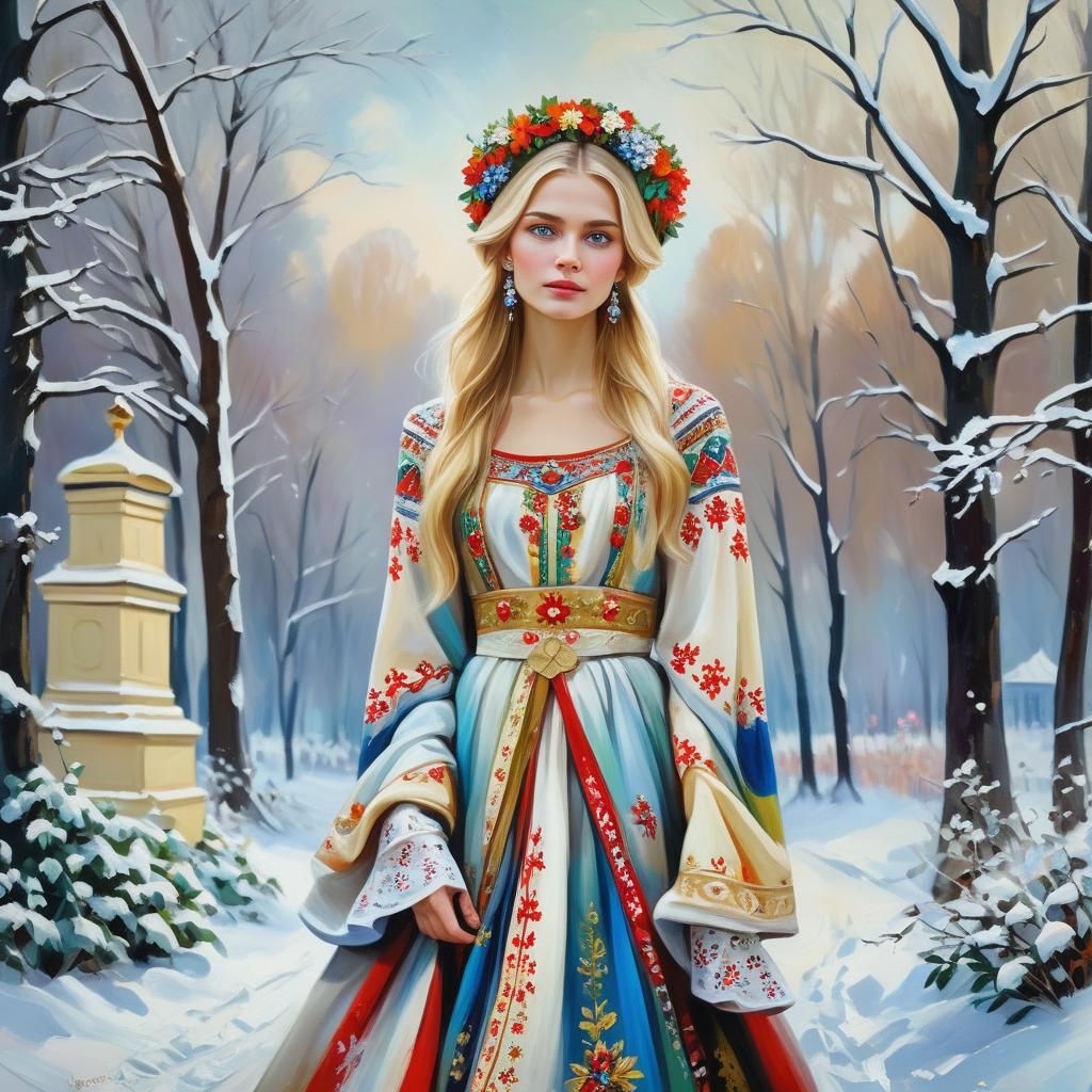 Russian Model in Snowy Moscow, Klimt-Inspired Oil Painting