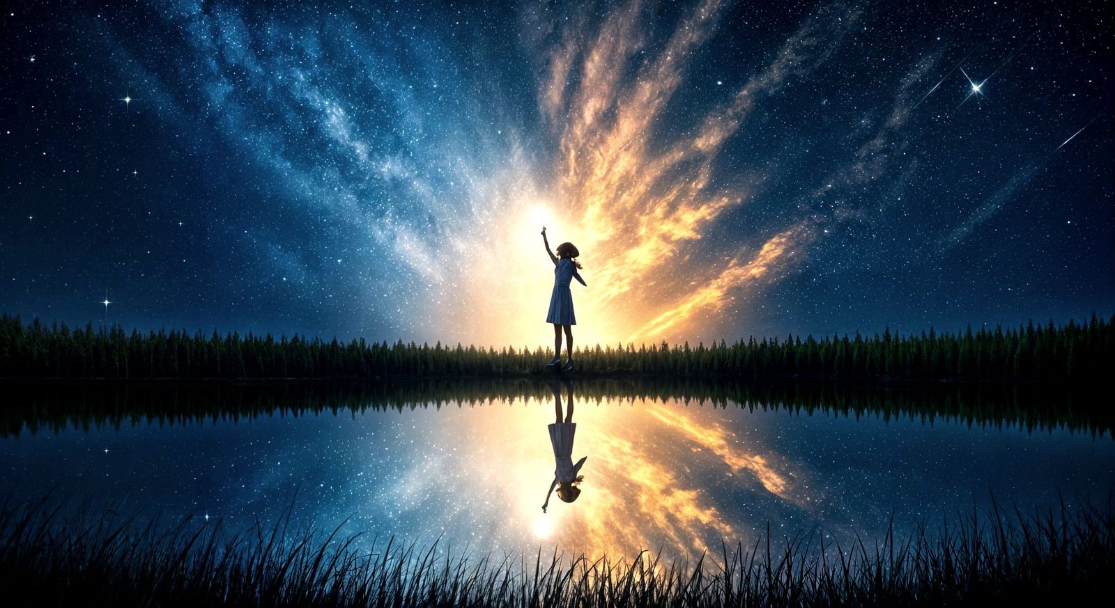 Dreamy Cosmic Scene with Young Girl and Glowing Star
