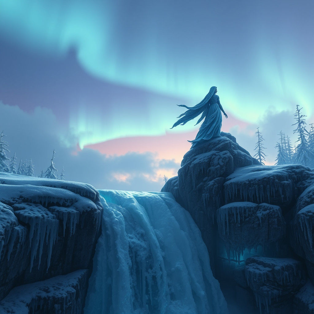 Scandinavian Ice Sorceress in Aurora Landscape