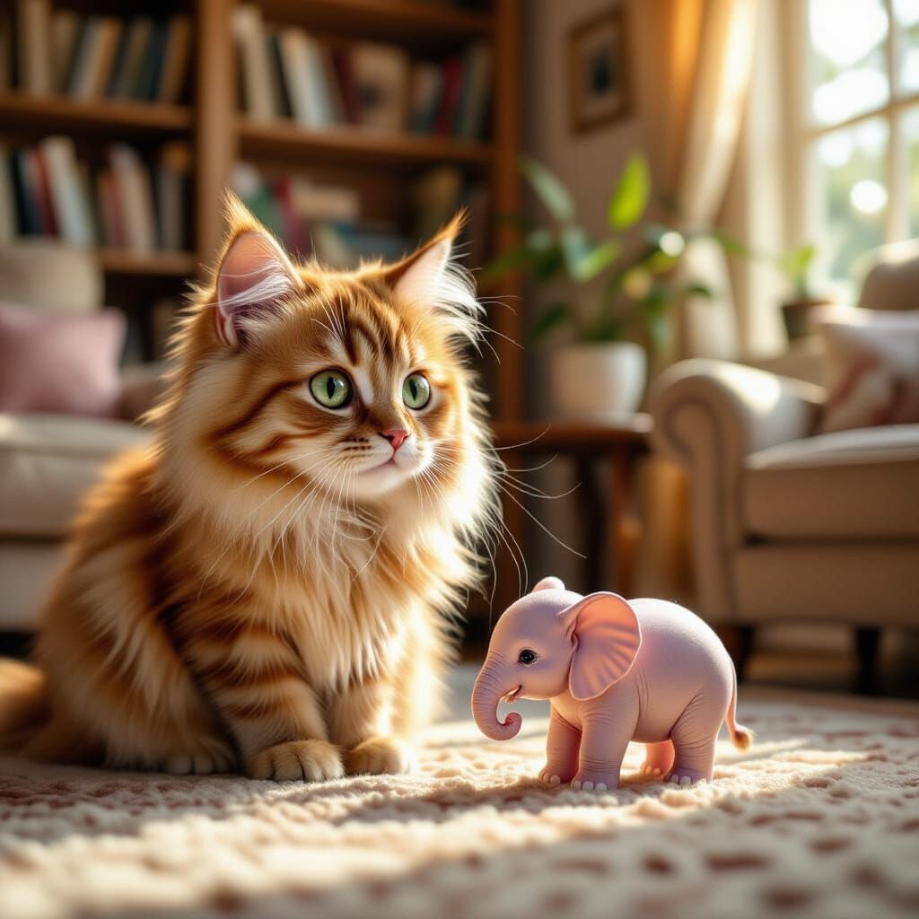 Curious Cat Meets Tiny Pink Elephant in Sunlit Room