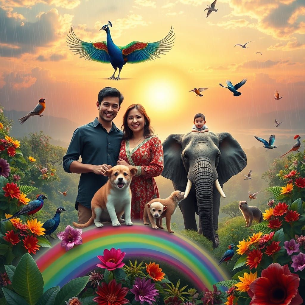 Loving Family Amidst Whimsical Sunrise