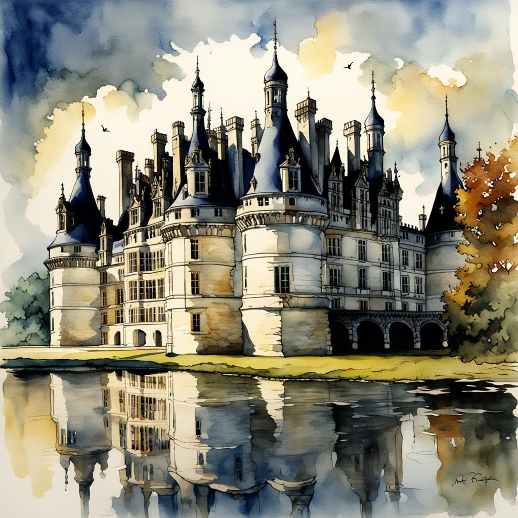 Château de Chambord Watercolor Painting in Z. L. Feng Style