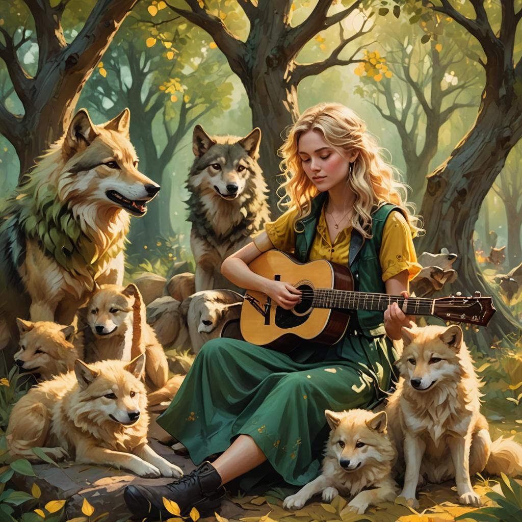 Young Woman Playing Guitar with Wolf Pups