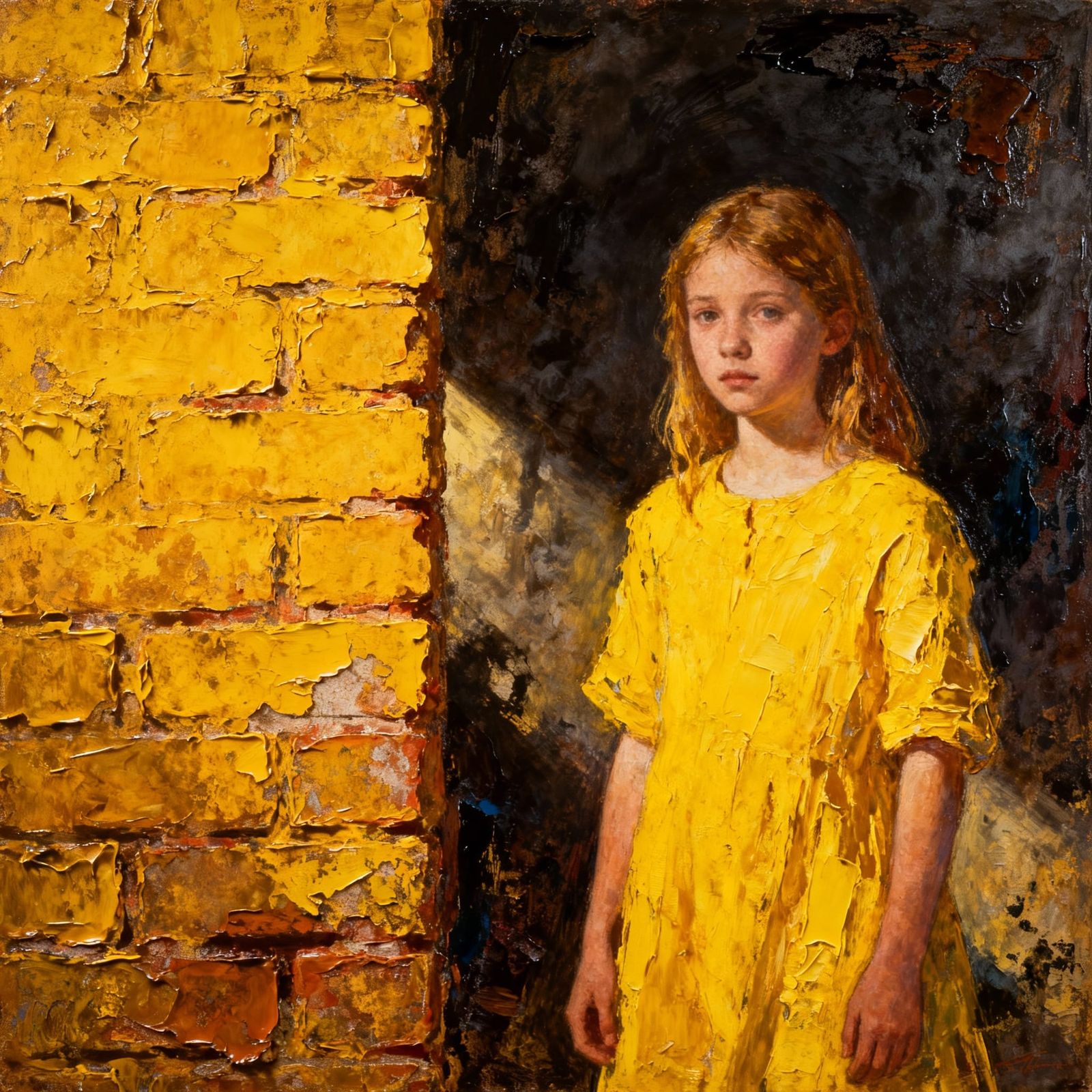 Girl Before Textured Yellow Brick Wall in Impasto Style