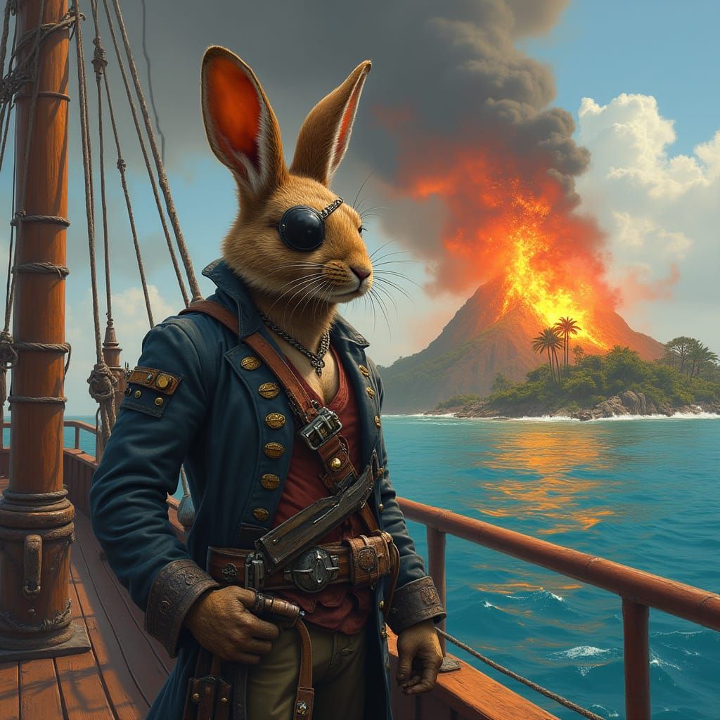 Cyberpunk Pirate Bunny Rides into Volcanic Sunset