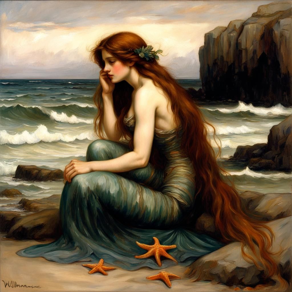 Sad Mermaid on a Beach in Pre-Raphaelite Style