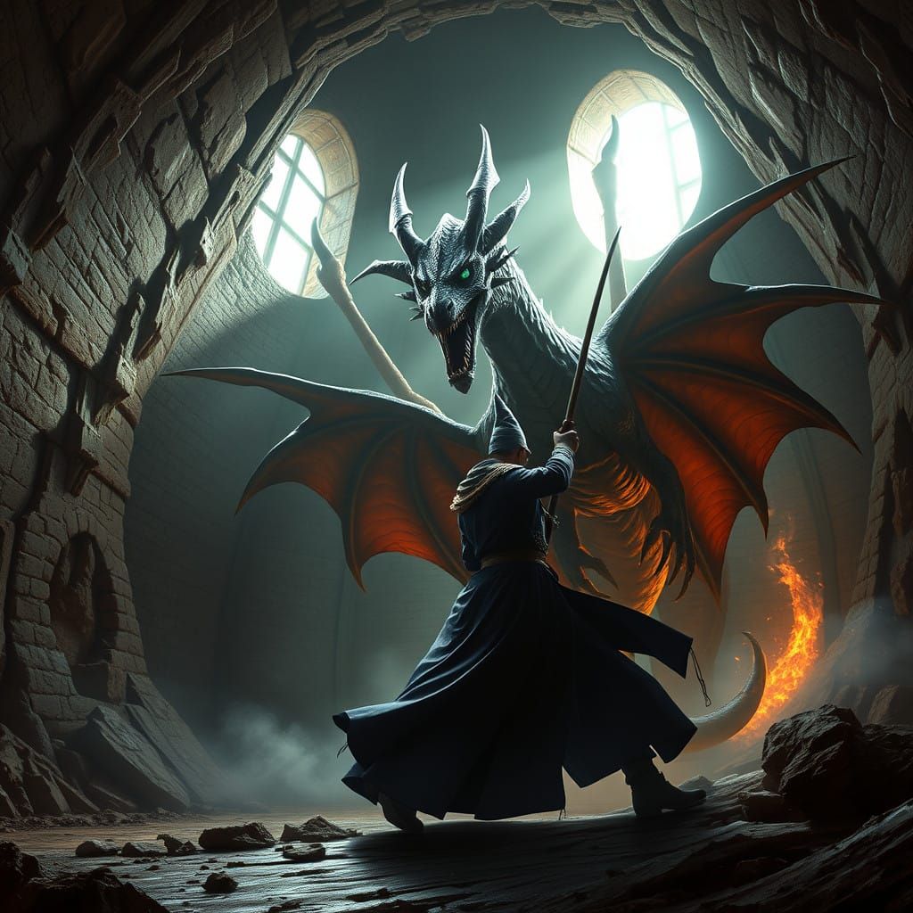 Epic Fantasy Battle: Powerful Wizard vs. Skeletal Dragon in....