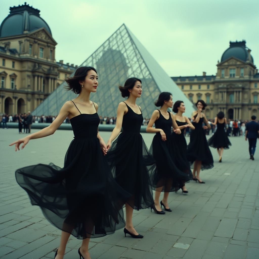 Chinese Women Floating Near Louvre in Cinematic Style