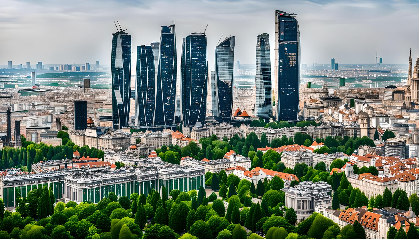 Overpopulated European City with Green Skyscrapers