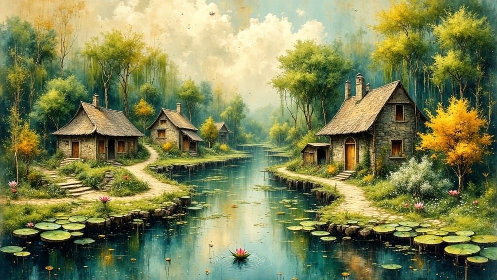 Whimsical Miniature Villages on Floating Waterlilies
