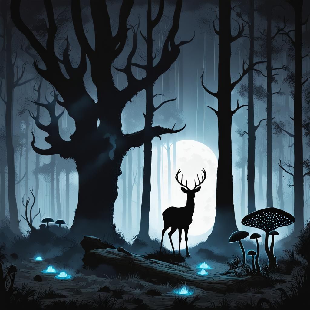 Mystical Black and White Forest with Glowing Mushrooms