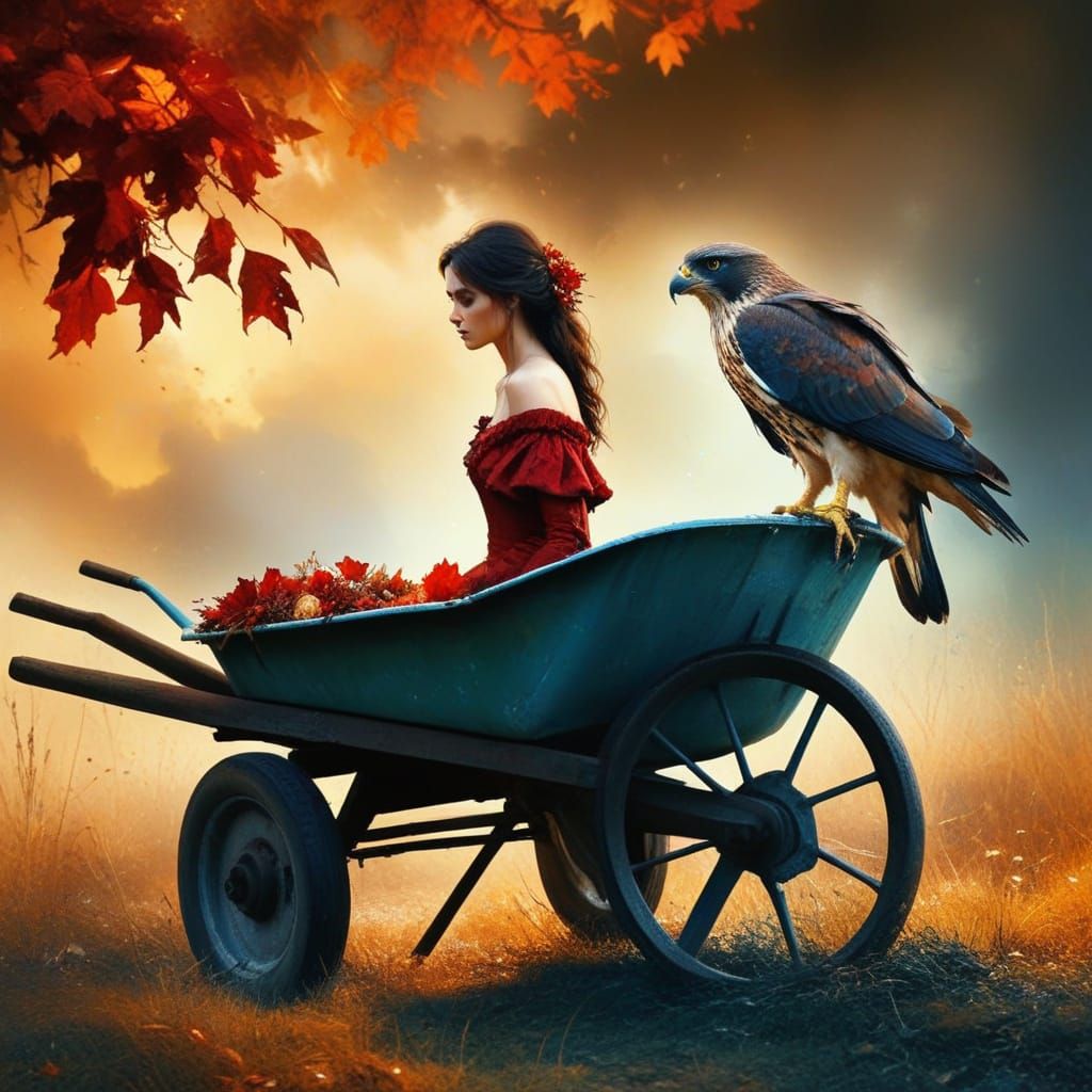 A Woman and Her Goshawk in a Vintage Wheelbarrow