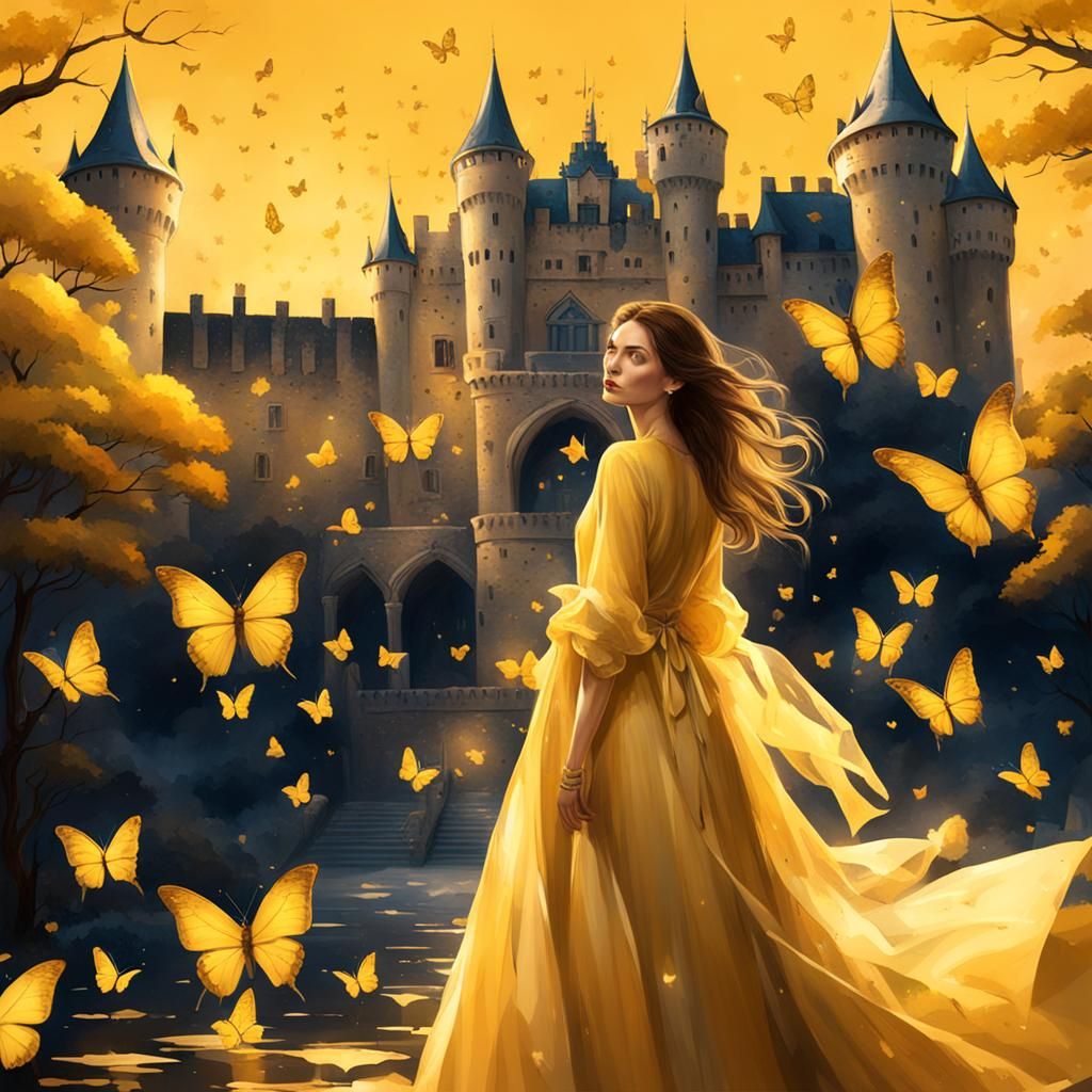 Woman in Yellow Gown with Butterflies