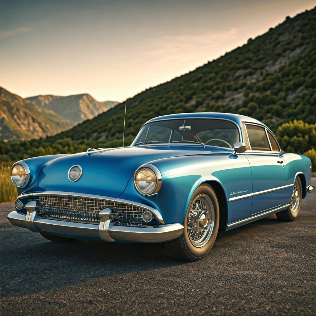 1950s Classic Coupe on Country Road, Metallic Blue