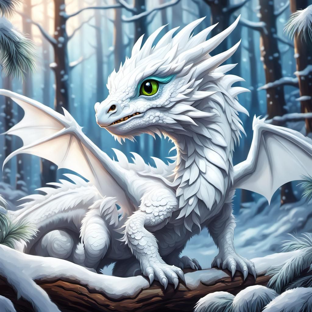 Cute White Feathered Dragon in Winter Forest