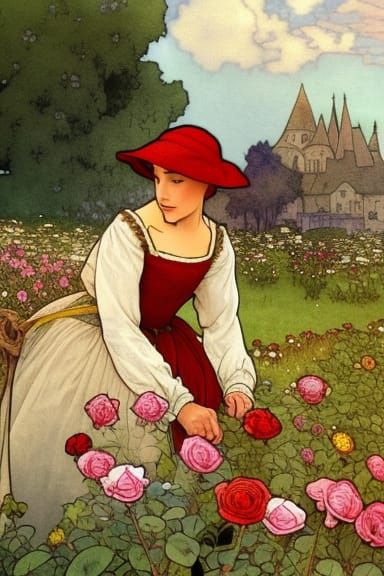 Lady Picking Roses: Watercolor Illustration