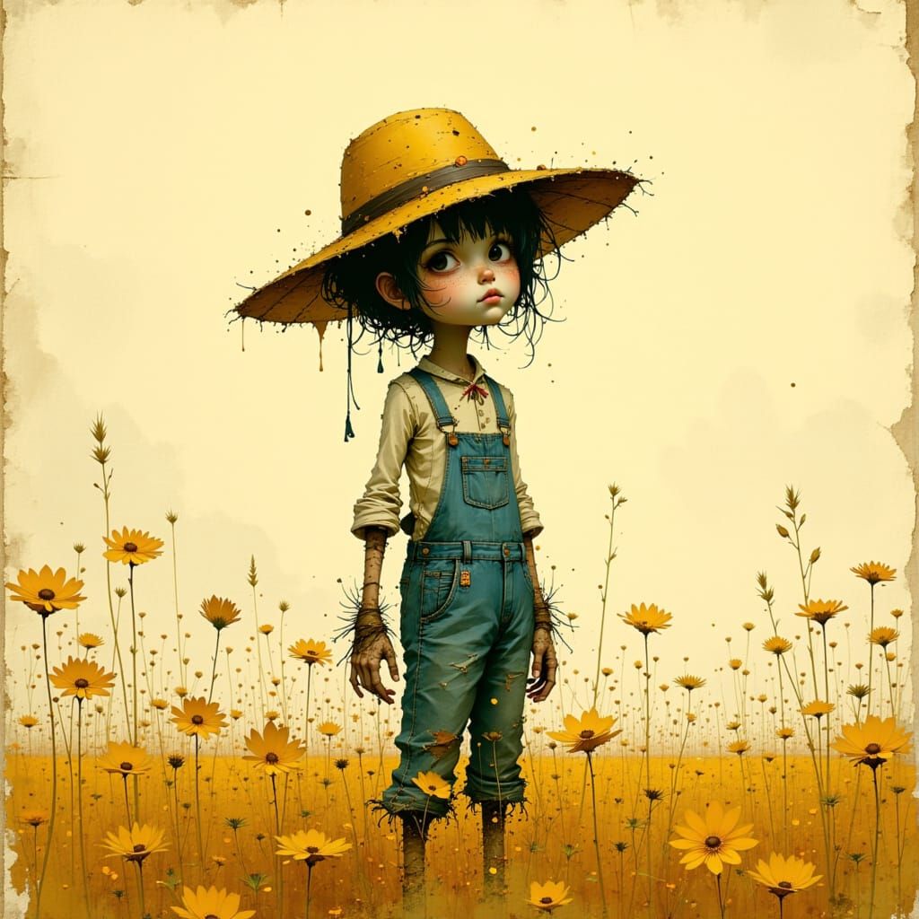 Whimsical Scarecrow in Sunny Cornfield, Folk Art Style