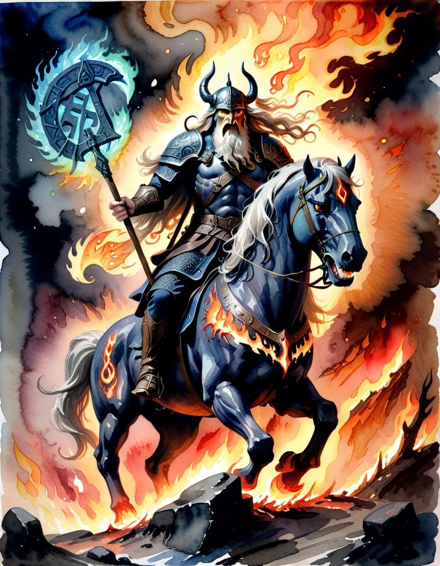 Odin Rides Sleipnir in Watercolour, Surrounded by War