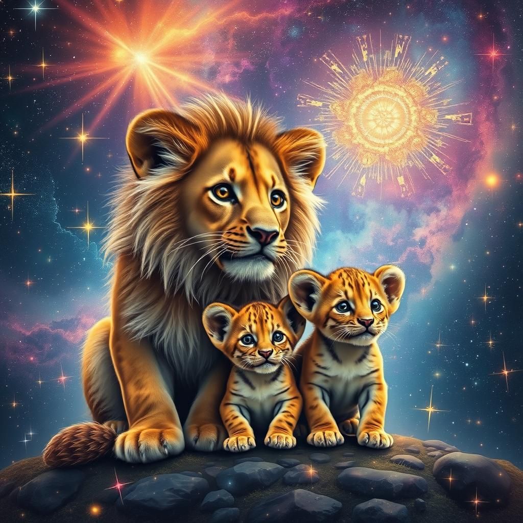 Cosmic Lion Family in Holographic Astral Illustration