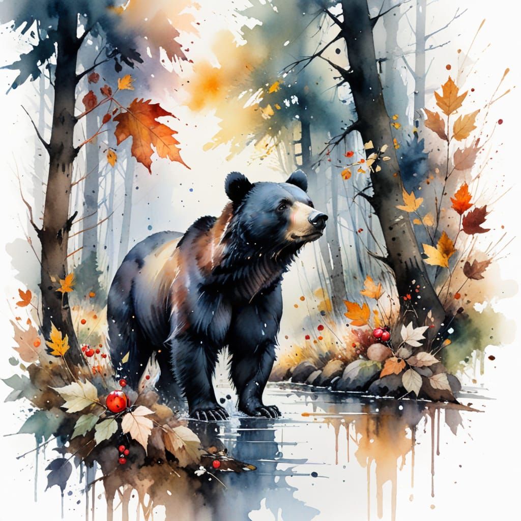 Black Bear Foraging in Autumn Forest Watercolor Style