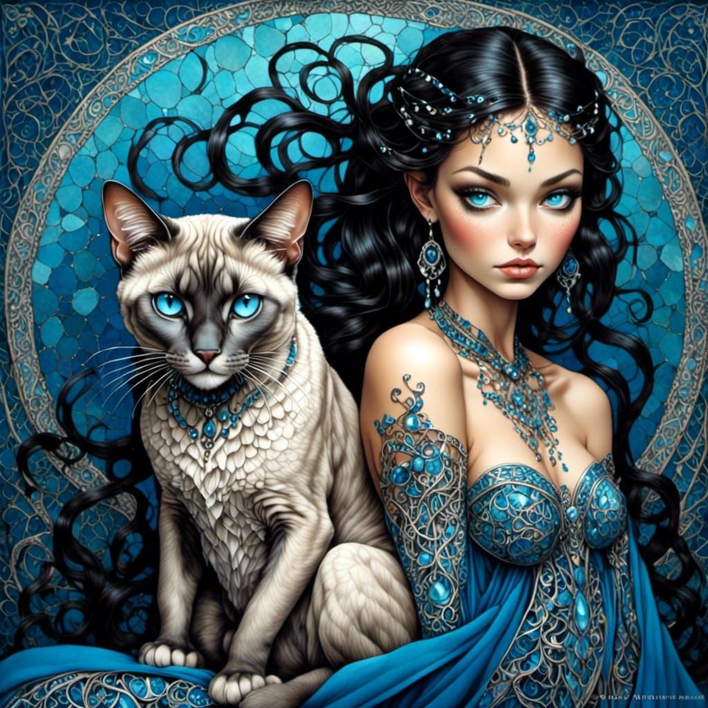 Goddess with Feline Features on Lush Throne