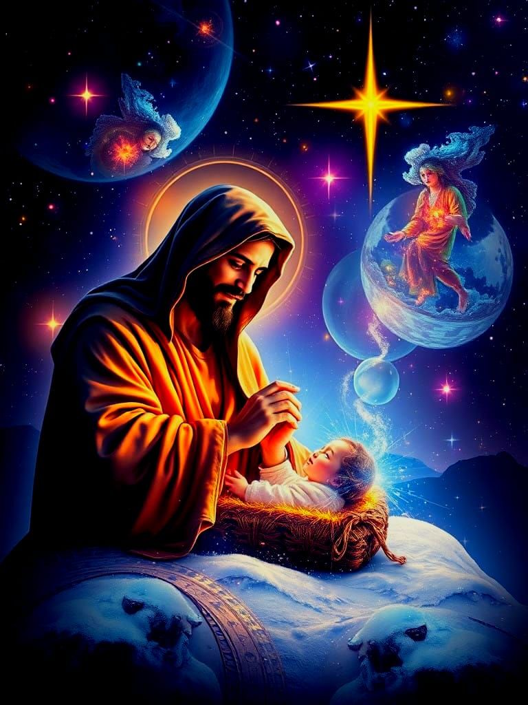Jesus, Savior in Vibrant Astral Cosmic Illustration