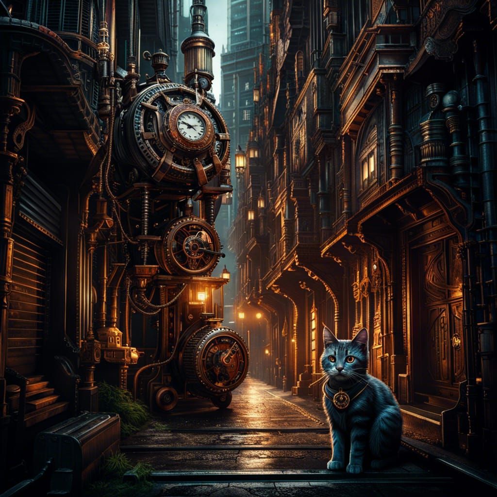 Steampunk Robotic Cat Lost in City Street