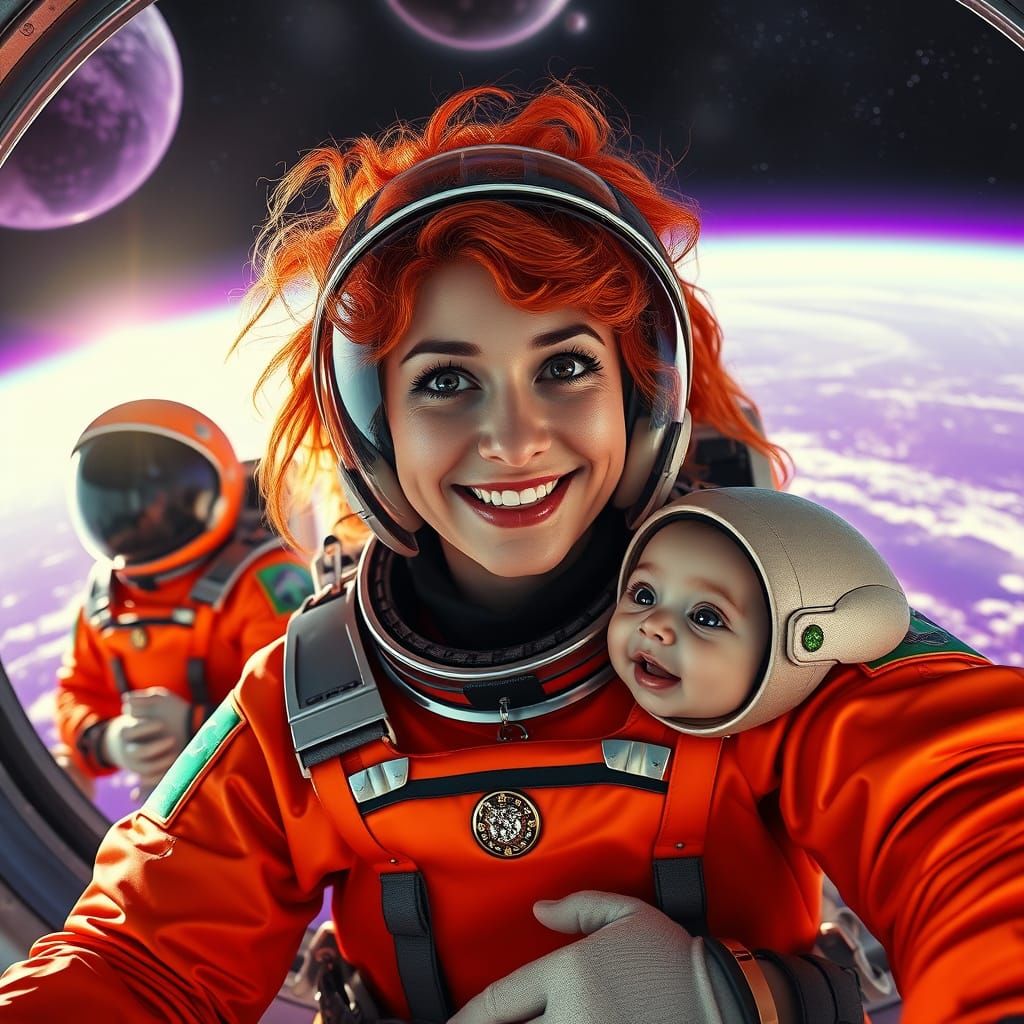 Astronauts in Space, Wearing Fluorescent Orange Suits, in a ...