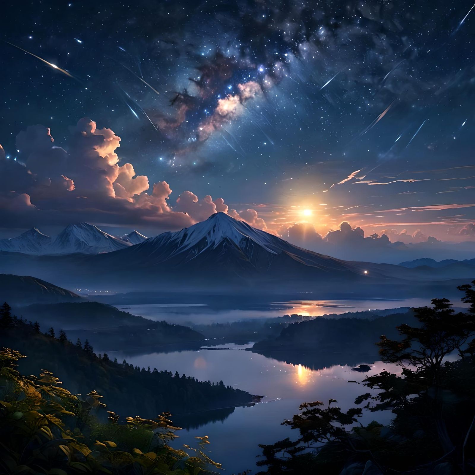 Glittering Night Sky with Heavenly Sunshine Beams