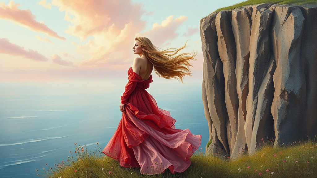 Impressionist Painting of Woman Overlooking Ocean