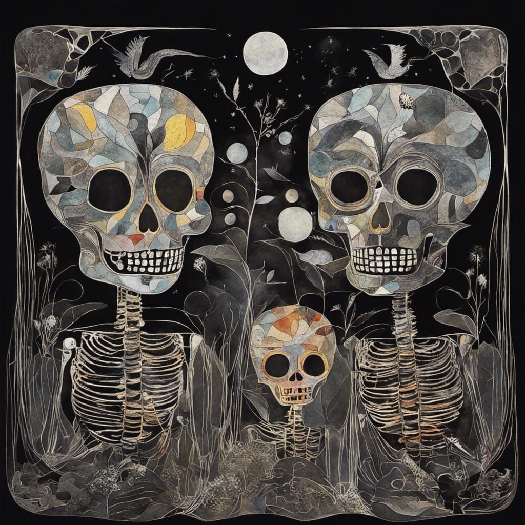 Surreal Dreamscape with Witches, Skeletons and Cat