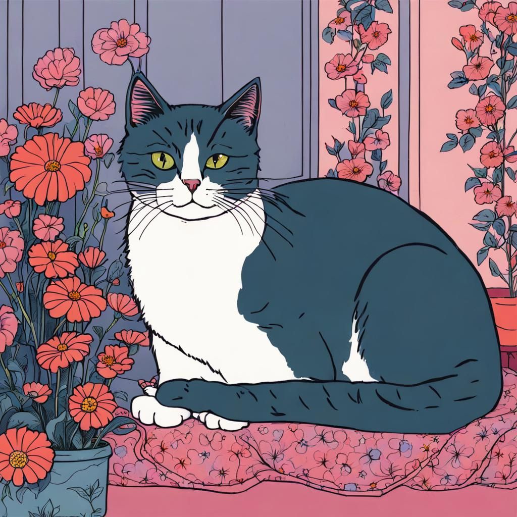 A Cartoonist's Whimsical World: Cute Cat Surrounded by Bloom...