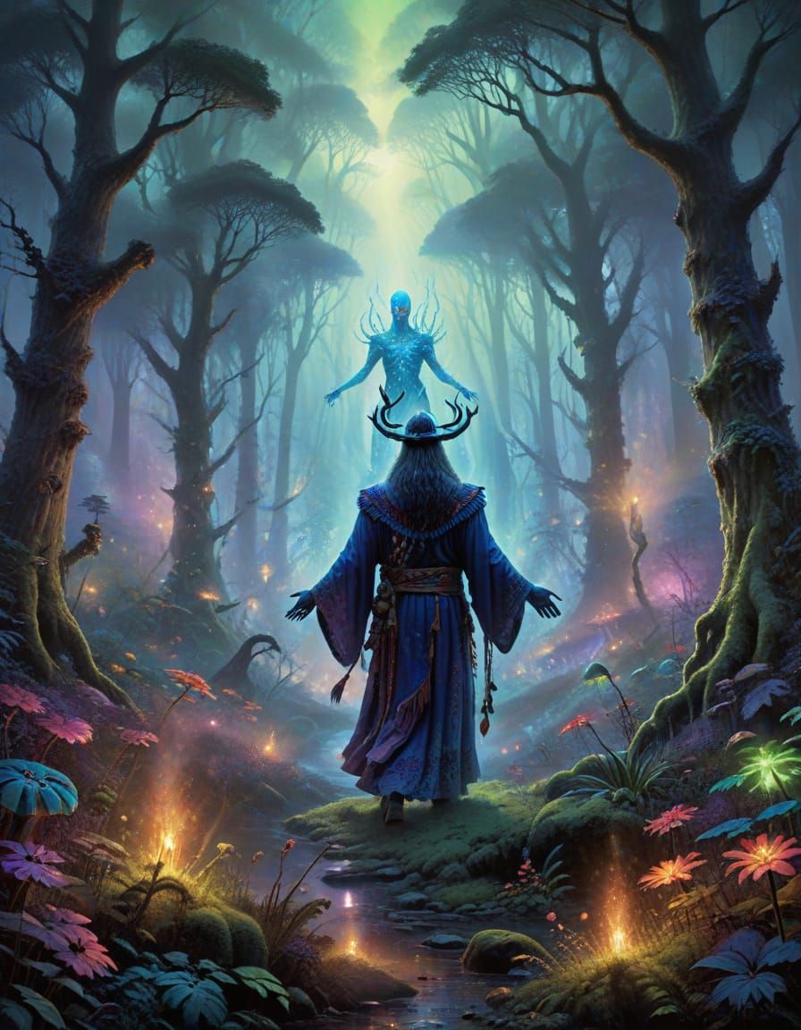 Psychedelic Shaman Guiding Souls Through Alien Forest