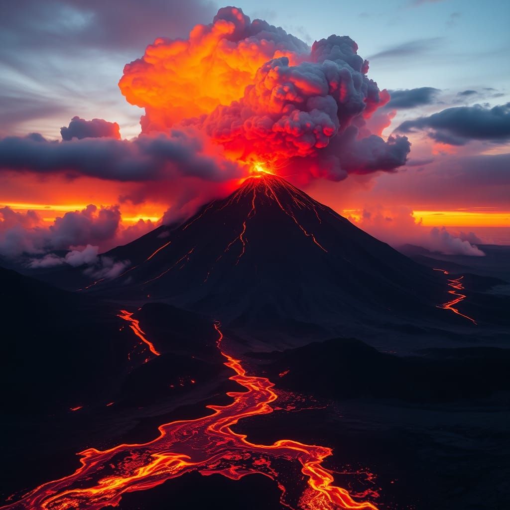 Dramatic Volcanic Eruption at Fiery Sunset