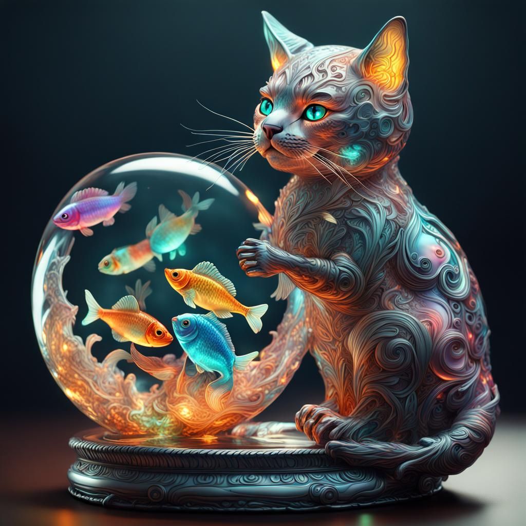 Illuminated Glass Cat Fantasy Artwork