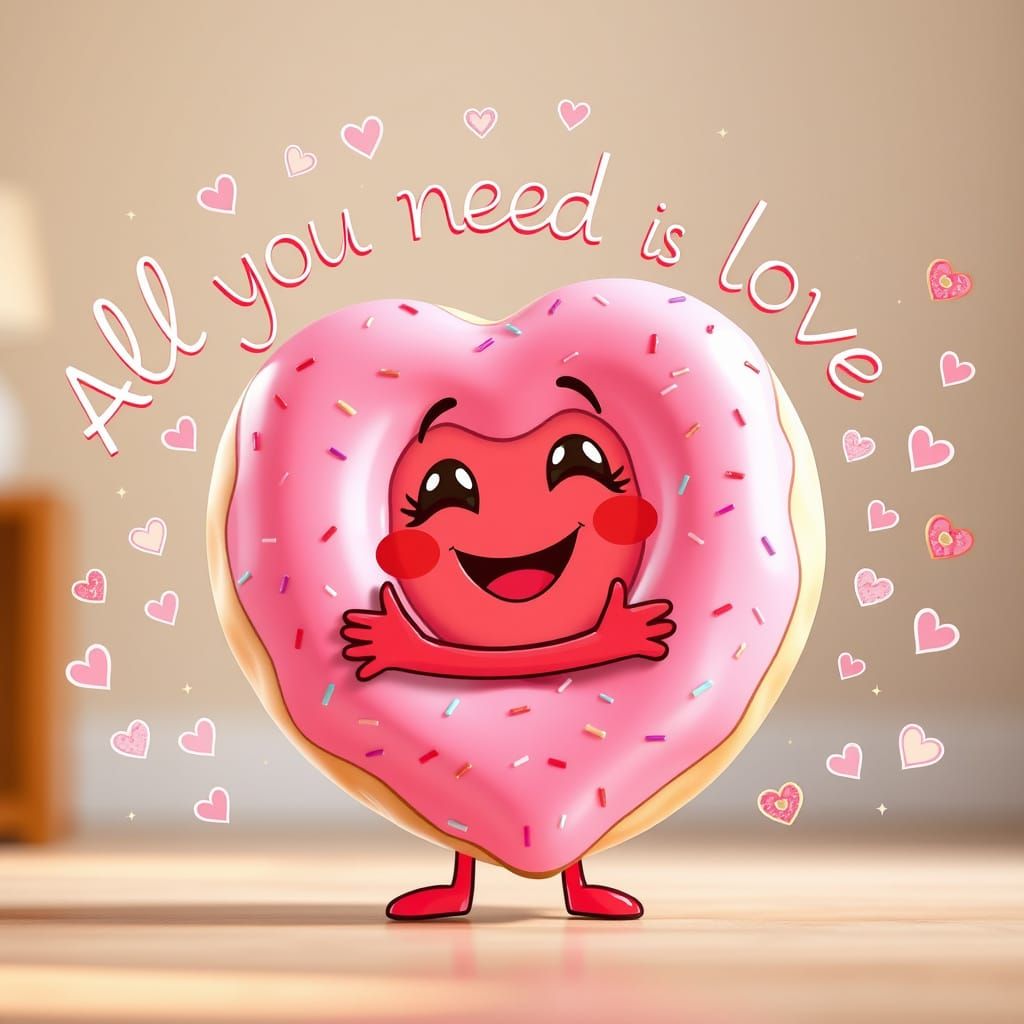 Whimsical Cartoon Heart Hugs a Giant Pink Donut