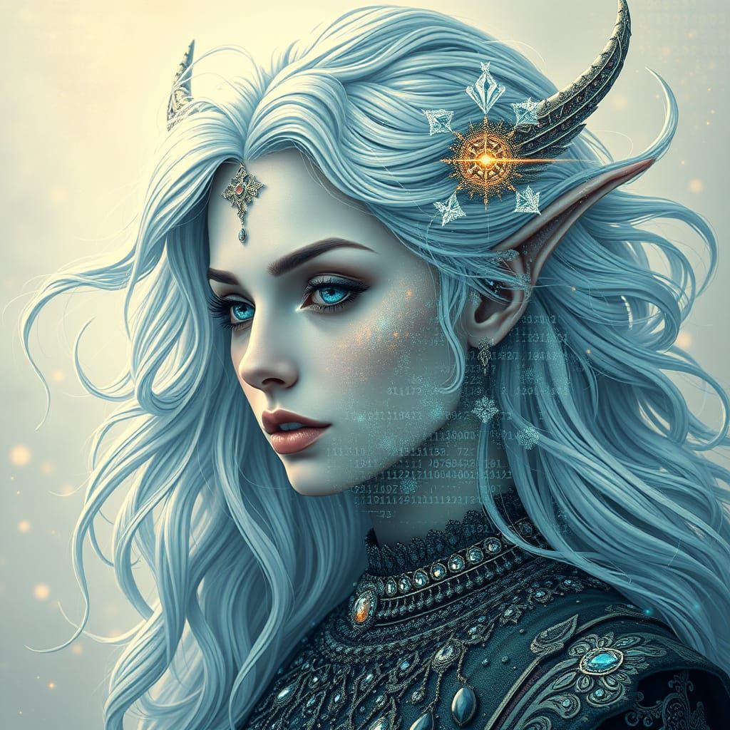 Elven Woman Dissolving into Digital Pixels
