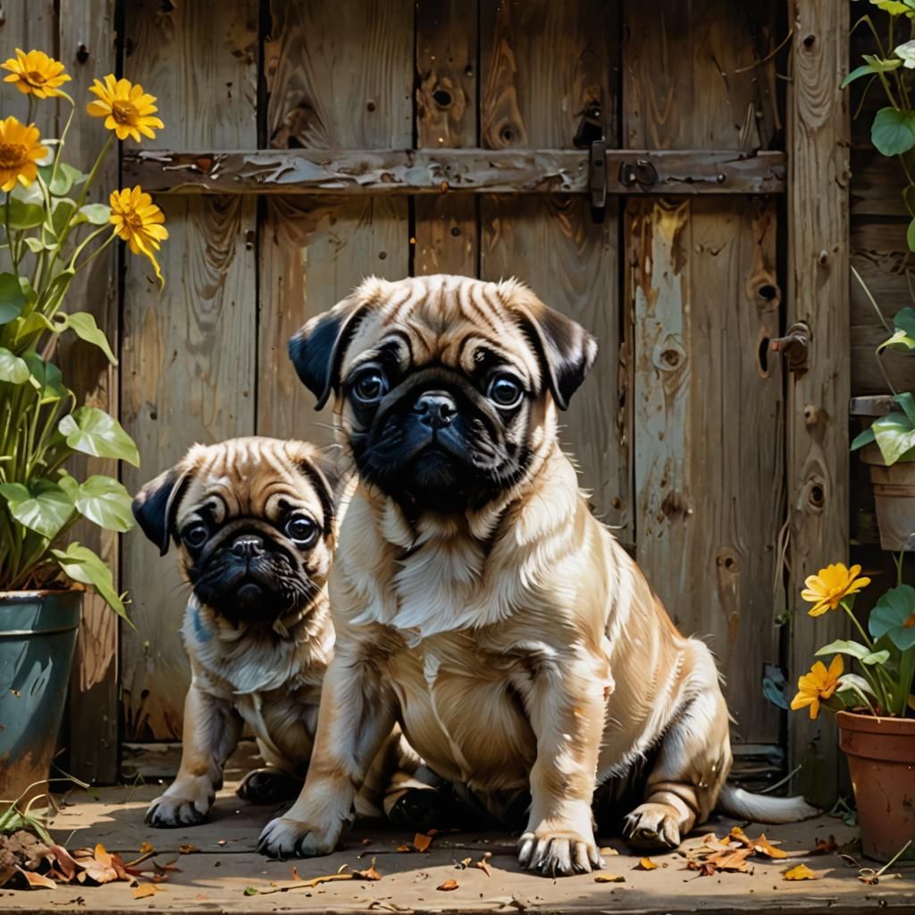 Cute Pug Puppies in Garden Shed Portrait