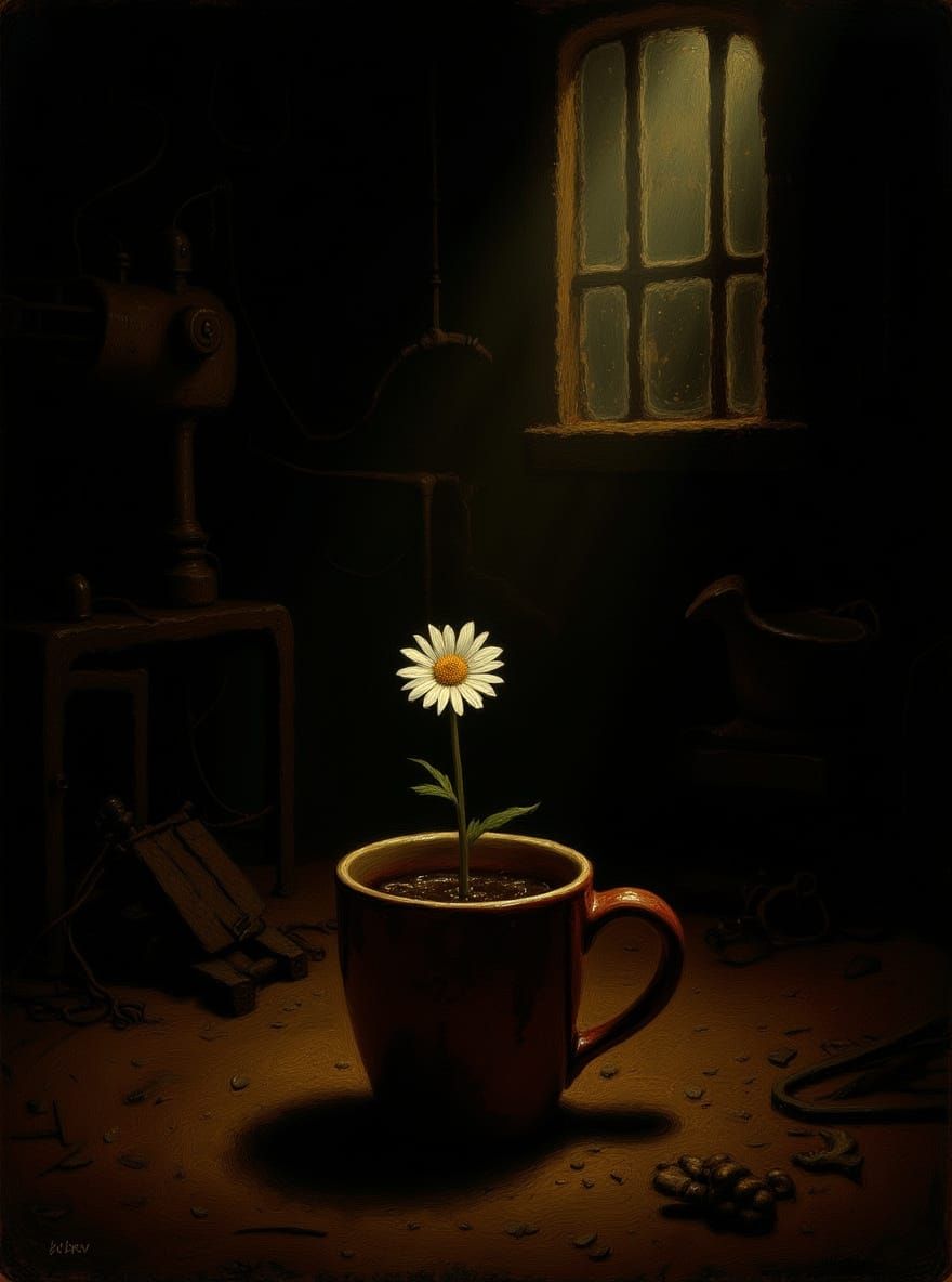 Flower in Mug, Industrial Setting as Fine Art