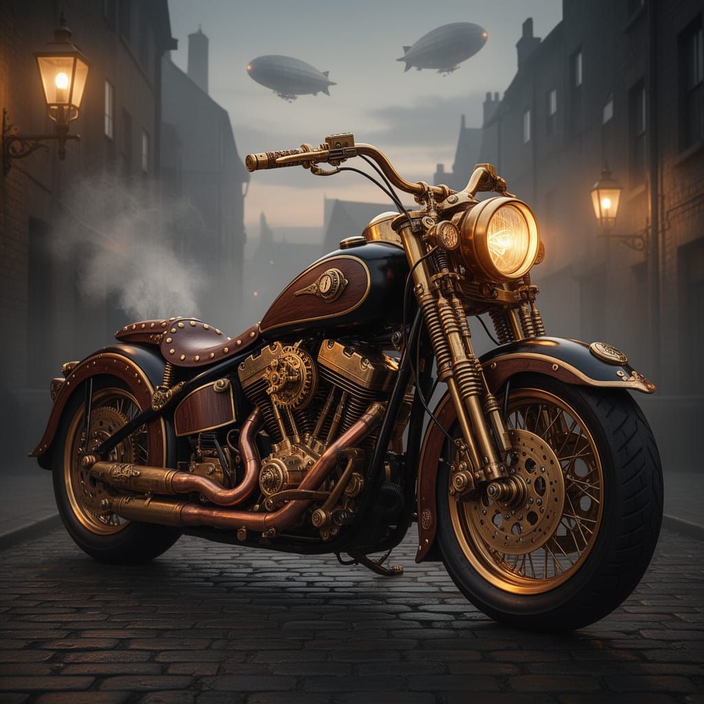 Steampunk Victorian Harley-Davidson Motorcycle in Futuristic...