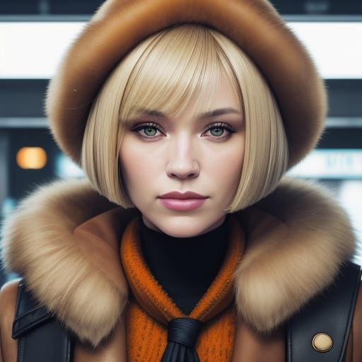 Pencil Drawing Portrait of Blonde Woman in Fur