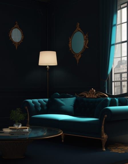 Stunning penthouse with living room with turquoise blue wall...