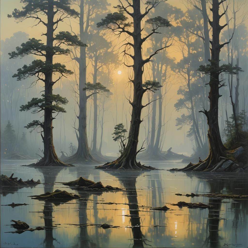 Ethereal Lights Connect Lakes in Dreamy Oil Painting