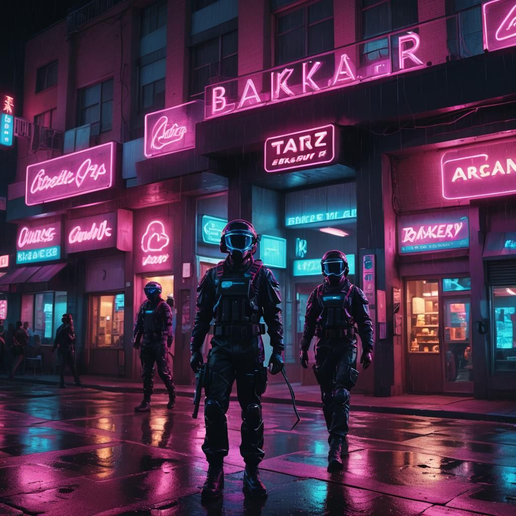Neon-Lit Black Ops Agents in Synthwave Cityscape
