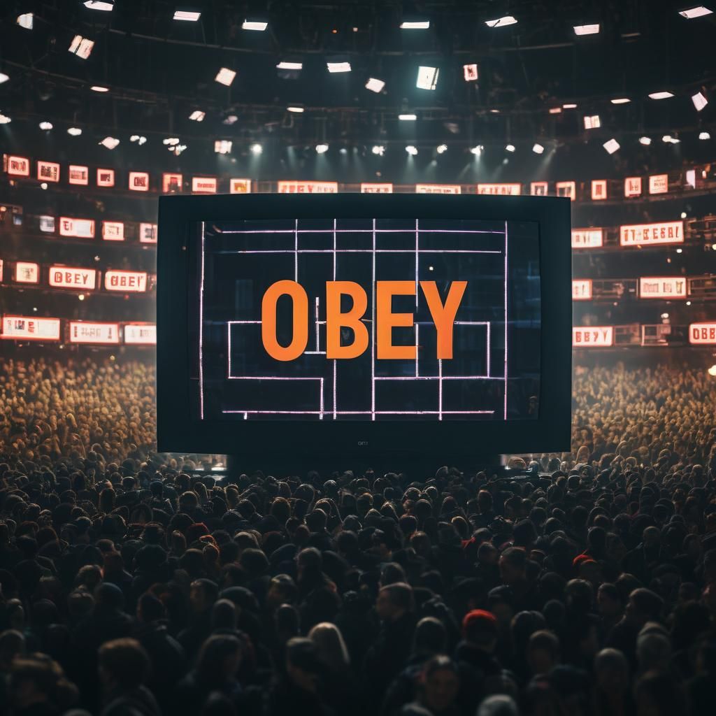 Giant Television Screen with 'Obey' in Cinematic Style