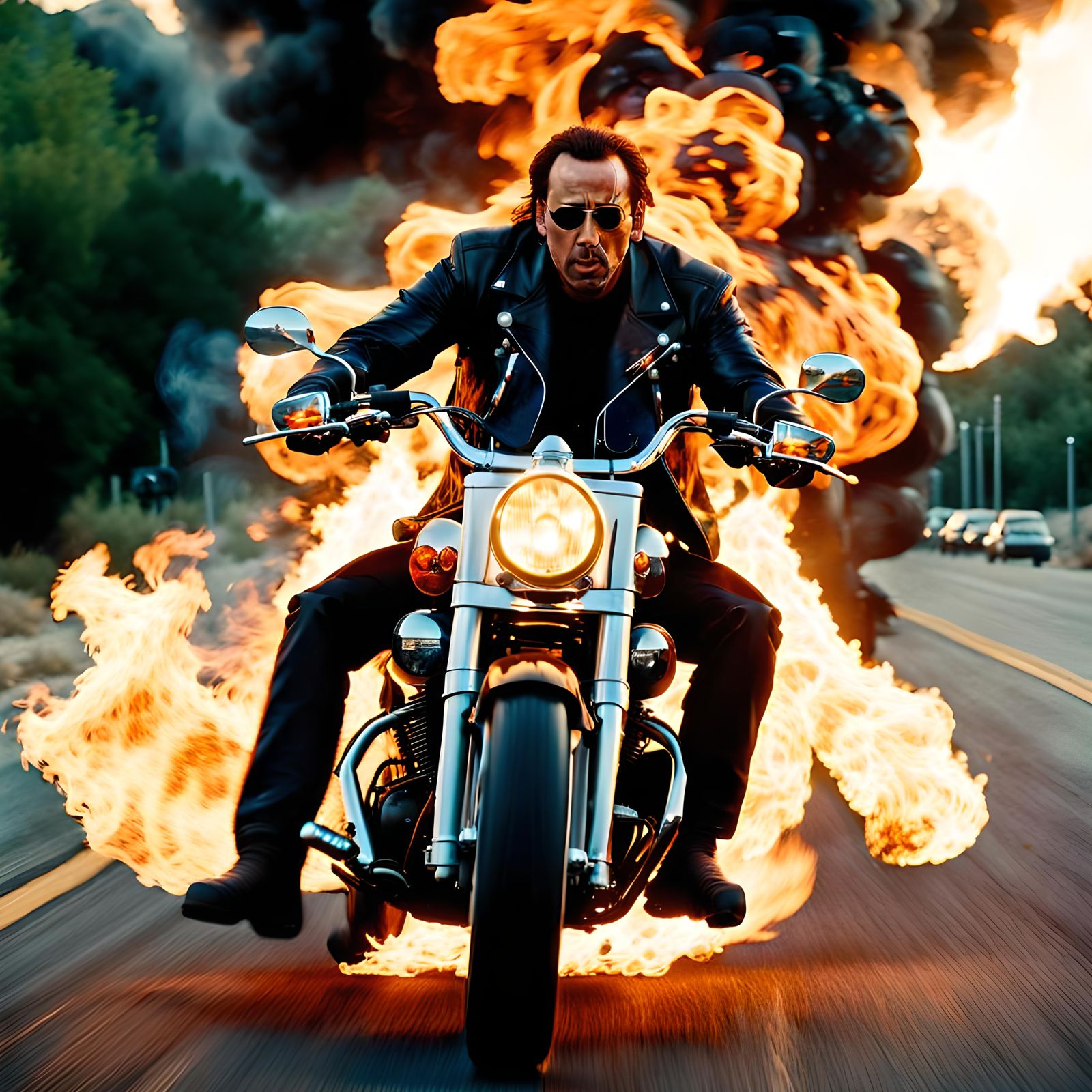 Nicolas Cage as Flaming Ghost Rider on Motorcycle