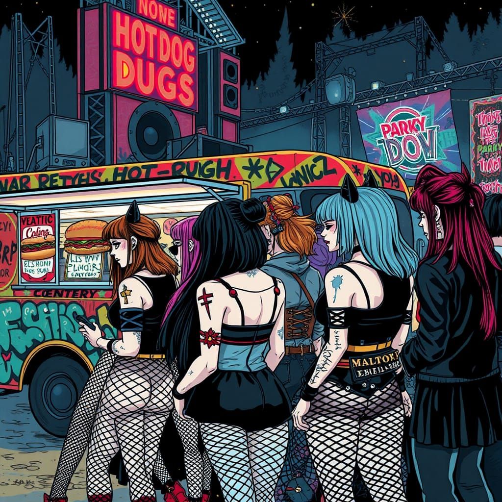 Gothic and Punk Concert Scene at Hot Dog Stand