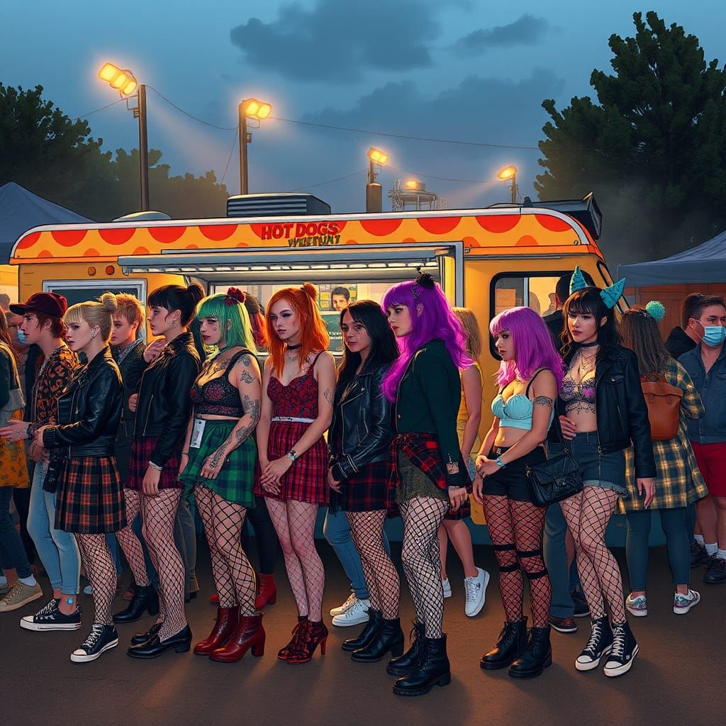 Gothic Punks at Concert Hot Dog Stand in Gritty Style