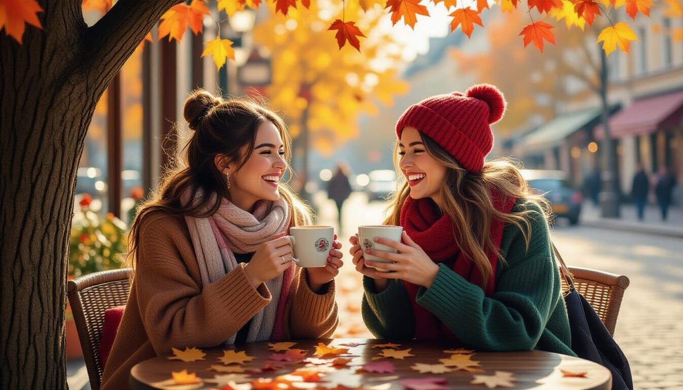 Friends Share Coffee on Autumn Day